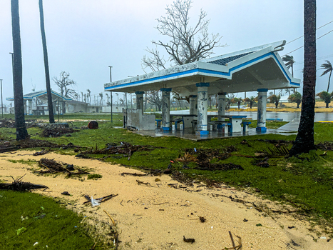 San Jose Tinian Northern Mariana Islands 06 July 2026 View of Super Typhoon Bavi with debris damaged palm trees and a concrete pavilion under an overcast rainy sky. San Jose Tinian Northern Mariana Islands 06 July 2026 View of Super Typhoon Bavi with debris damaged palm trees and a concrete pavilion under an overcast rainy sky.