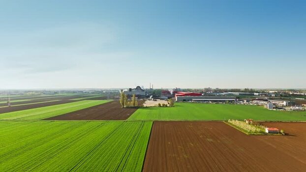 Aerial view of industrial area and fields Serbia.