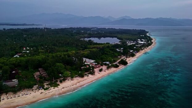 Aerial view of tropical island coastline in Bali Indonesia.