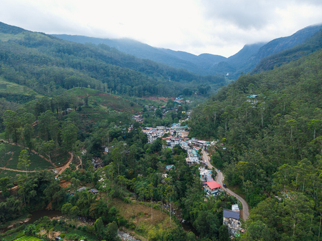 Aerial view of the village of Nallathanniya nestled in a lush green valley surrounded by tea plantations and misty mountains in Nallathanniya Central Province Sri Lanka. Aerial view of the village of Nallathanniya nestled in a lush green valley surrounded by tea plantations and misty mountains in Nallathanniya Central Province Sri Lanka.
