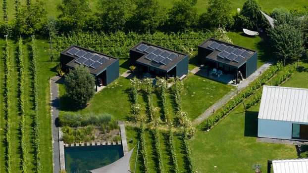 Aerial view of Ecodorp Bolderburen featuring modern sustainable houses with solar panels lush green gardens a swimming pool and vineyard rows in Almere Flevoland Netherlands. Aerial view of Ecodorp Bolderburen featuring modern sustainable houses with solar panels lush green gardens a swimming pool and vineyard rows in Almere Flevoland Netherlands.
