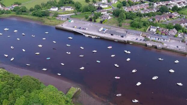 Aerial view of boats on the River Moy in Ballina Ireland.