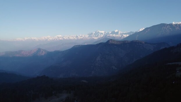 Aerial view of Chopta Tungnath and Himalayan peaks India.