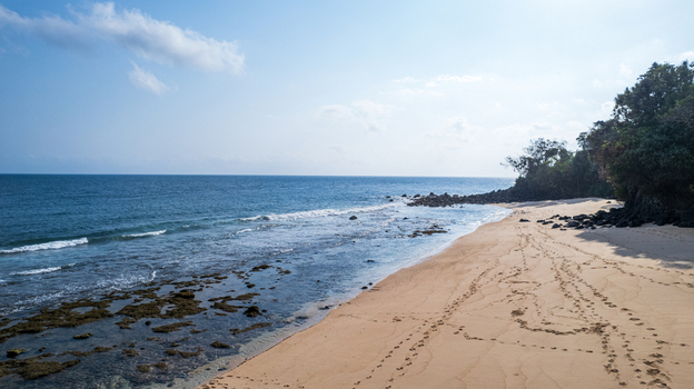 Aerial view of a pristine sandy beach with gentle waves washing over a rocky shoreline and lush tropical trees in Bajawa Nusa Tenggara Timur Indonesia. Aerial view of a pristine sandy beach with gentle waves washing over a rocky shoreline and lush tropical trees in Bajawa Nusa Tenggara Timur Indonesia.