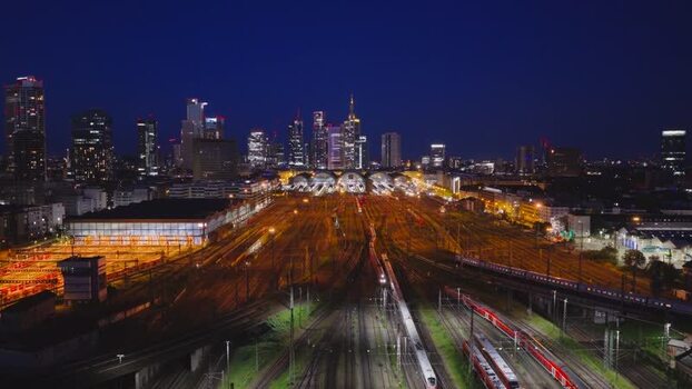 Aerial view of Frankfurt Hauptbahnhof and the city skyline Germany.