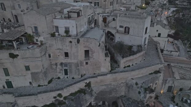 Aerial view of Sassi di Matera historic stone dwellings Italy.