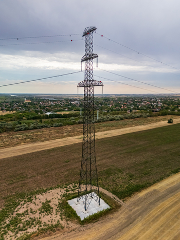 Aerial view of power lines over farmland in Fejer County Hungary area Aerial view of power lines over farmland in Fejer County Hungary area