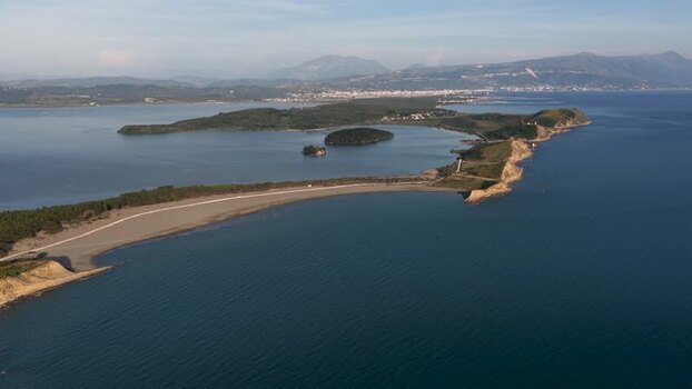 Aerial view of the sandy coastline and Narta Lagoon Albania.