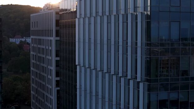 Aerial view of modern glass office buildings in Gdansk Poland.
