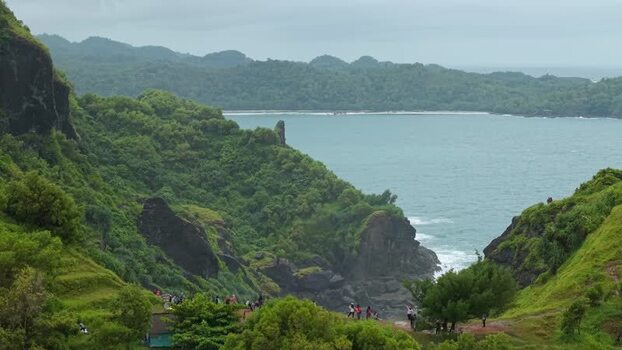 Aerial view of Bukit Pengilon hills and the coastline Indonesia.