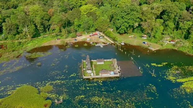 Aerial view of Pura Ulun Danu Tamblingan temple Indonesia.