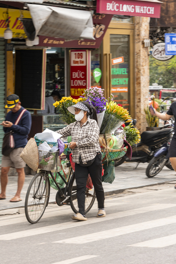 Hanoi Vietnam 11 November 2025 View of a woman riding a bicycle loaded with colorful bouquets of flowers along a busy street in the historic old town with shops and motorbikes in the background.