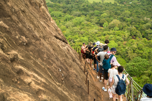 Sri Lanka 21 February 2026 View of tourists climbing the steep metal stairs of Sigiriya Rock surrounded by lush tropical jungle.