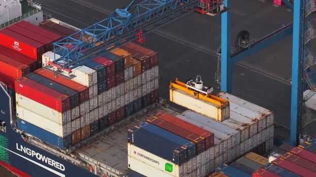 Aerial view of Tilbury Docks container ship in United Kingdom.