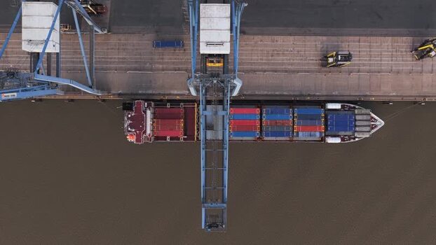 Aerial view of Tilbury Docks container ship United Kingdom.