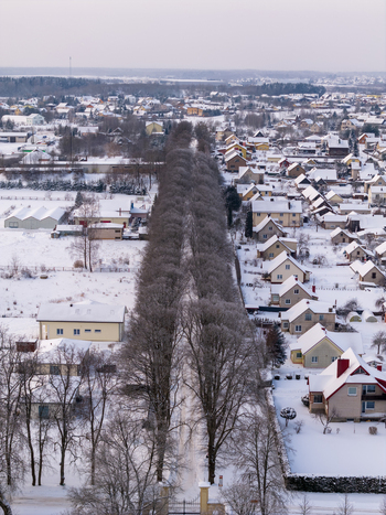 Aerial view of a long alley of bare trees stretching through a snow covered residential neighborhood with small houses and gardens Lithuania. Aerial view of a long alley of bare trees stretching through a snow covered residential neighborhood with small houses and gardens Lithuania.