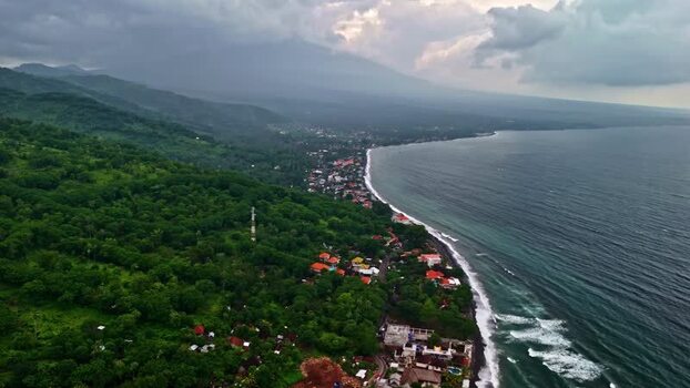 Aerial view of the lush coastline of Bali Indonesia.