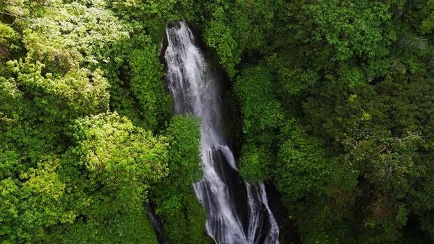 Aerial view of waterfall in tropical forest Indonesia.