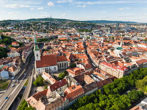 Aerial view of St. Martin s Cathedral and the historic old town with red tiled rooftops under a clear sky Bratislava Bratislava Region Slovakia. Aerial view of St. Martin s Cathedral and the historic old town with red tiled rooftops under a clear sky Bratislava Bratislava Region Slovakia.