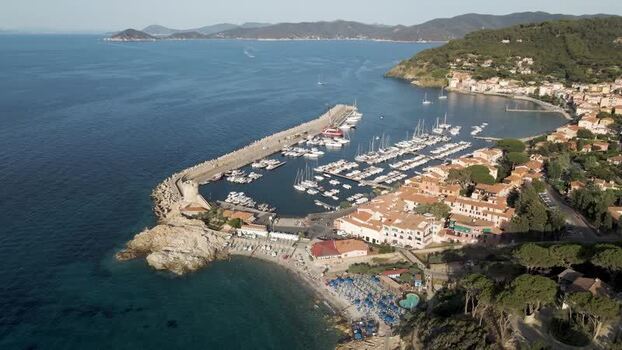 Aerial View of Marciana Marina with the harbour Elba Island Italy.