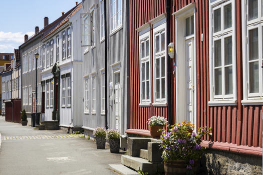 View of vibrant red and gray wooden houses line a sun drenched street flower pots bursting with color adorning the steps creating a charming scene Trondheim Trøndelag Norway. View of vibrant red and gray wooden houses line a sun drenched street flower pots bursting with color adorning the steps creating a charming scene Trondheim Trøndelag Norway.