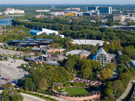 Indianapolis Indiana United States 27 September 2026 Aerial view of White River State Park featuring the zoo lush green gardens and the surrounding urban skyline. Indianapolis Indiana United States 27 September 2026 Aerial view of White River State Park featuring the zoo lush green gardens and the surrounding urban skyline.