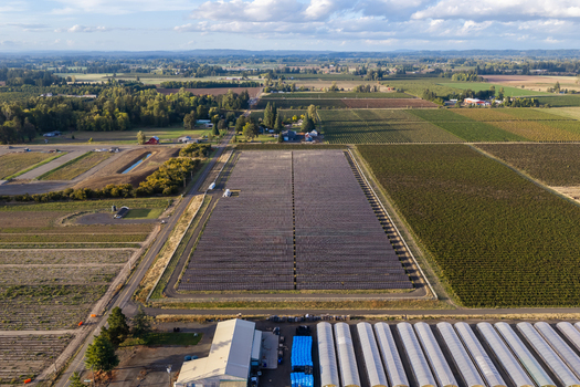 Aerial view of a large solar farm in rural farmland featuring rows of solar panels greenhouses and surrounding agricultural fields in Woodburn Oregon United States. Aerial view of a large solar farm in rural farmland featuring rows of solar panels greenhouses and surrounding agricultural fields in Woodburn Oregon United States.