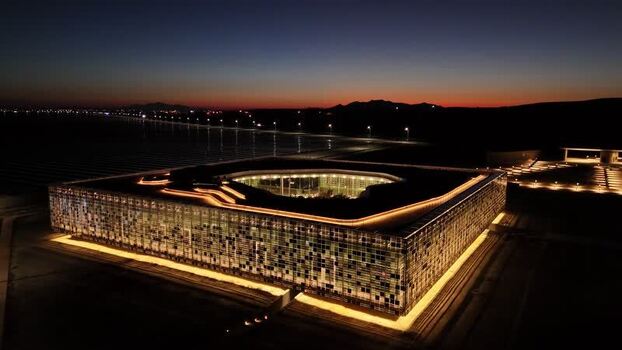 Aerial view of Karapinar Solar Power Plant at night Turkiye.