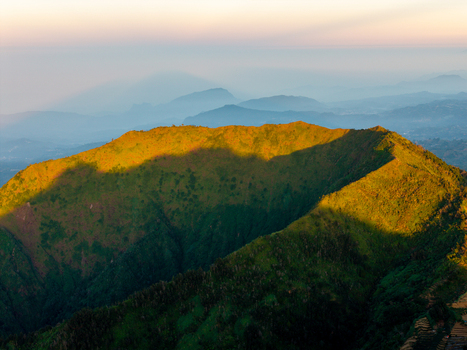 Aerial view of Mount Bismo illuminated by golden hour sunlight with lush green slopes and deep shadows in Kecamatan Kejajar Jawa Tengah Indonesia.