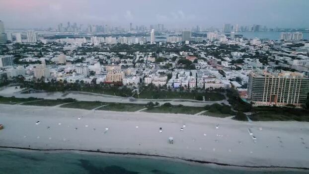 Aerial view of Miami Beach coastline and city skyline United States.