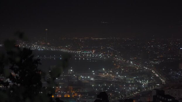 Aerial view of illuminated coastal city at night Algeria.