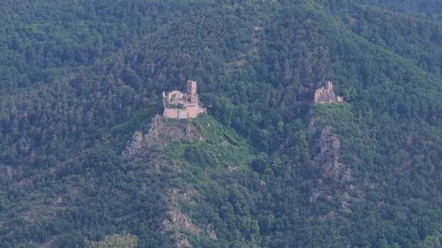 Aerial view of the Three Castles of Ribeauville ruins France. Aerial view of the Three Castles of Ribeauville ruins France.