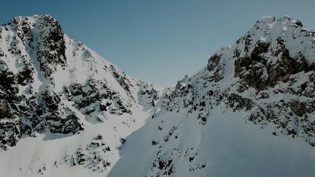 Aerial view of snow covered peaks in Baqueira Spain.
