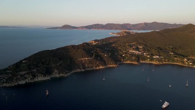 Aerial View of the coastline at sunset Elba Island Tuscany Italy.