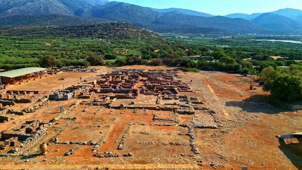 Aerial view of Malia Palace archaeological site in Crete Greece.