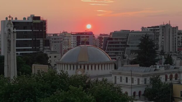 Aerial view of the Orthodox Cathedral at sunset in Tirana Albania.
