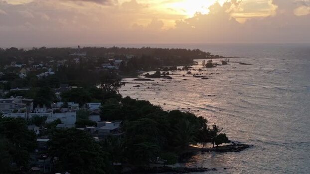 Aerial view of Cap Malheureux coastline at sunset Mauritius.