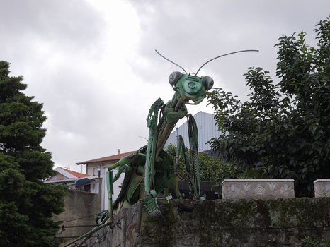 View of a large green mechanical praying mantis sculpture perched on a stone wall with trees and buildings in the background in Covilha Castelo Branco District Portugal.