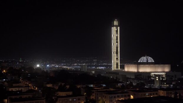 Aerial view of Great Mosque of Algiers at night Algeria.