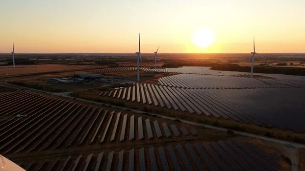 Aerial view of Chelveston solar and wind farm United Kingdom. Aerial view of Chelveston solar and wind farm United Kingdom.