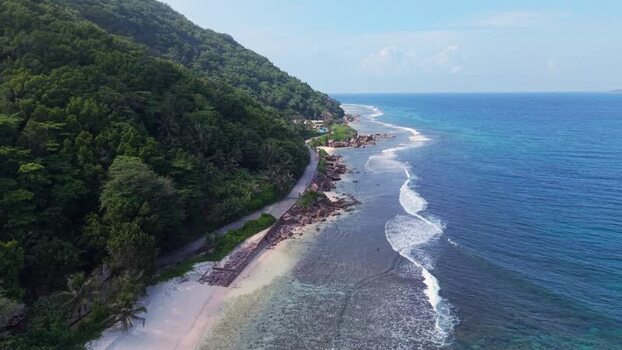 Aerial view of Anse Reunion coastline Seychelles.