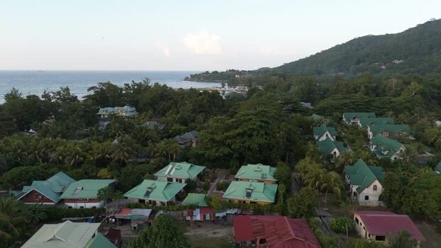 Aerial view of Anse Reunion on La Digue Seychelles.