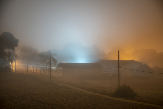 View of a building illuminated by a bright blue light amidst thick night fog with power lines and trees in a rural landscape in Algeria.