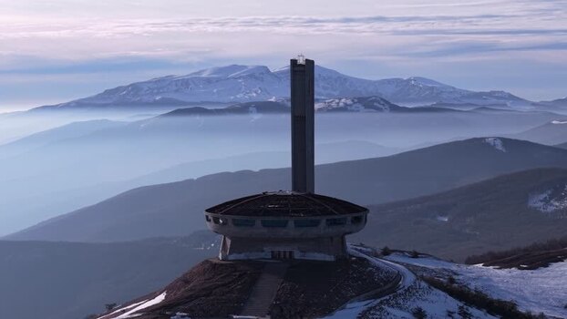 Aerial view of Buzludzha Monument in the mountains Bulgaria.