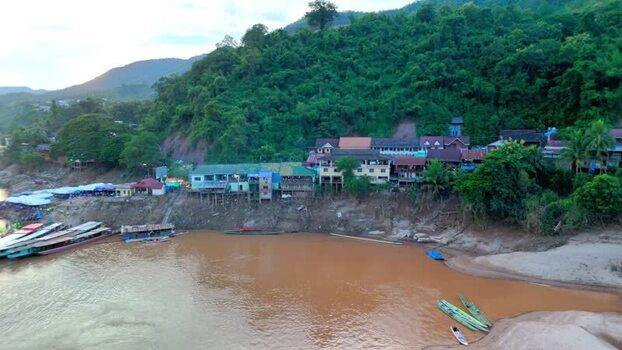 Aerial view of Pak Beng village and Mekong River Laos.