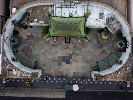 Los Angeles United States 25 September 2026 Aerial view of the Hollywood Walk of Fame with its iconic brass stars embedded in the sidewalk and the historic Chinese Theatre courtyard.