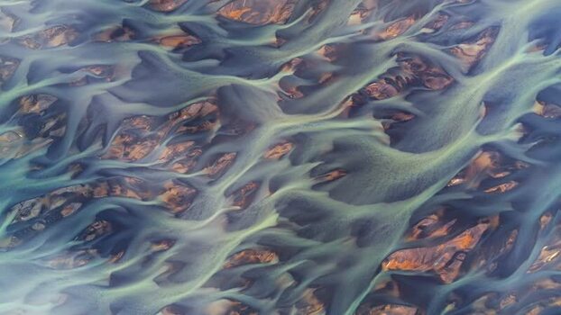 Aerial view of braided river patterns at Jokulsarlon Iceland.
