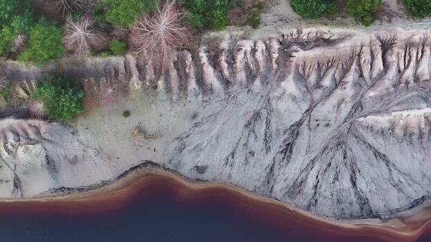 Aerial view of former coal mine turned lakeside resort in Lusatia Germany.