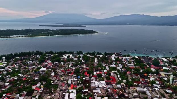 Aerial view of a coastal town in Bali Indonesia.