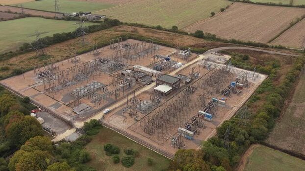 Aerial view of Clay Tye Tesla Megapack installation United Kingdom.
